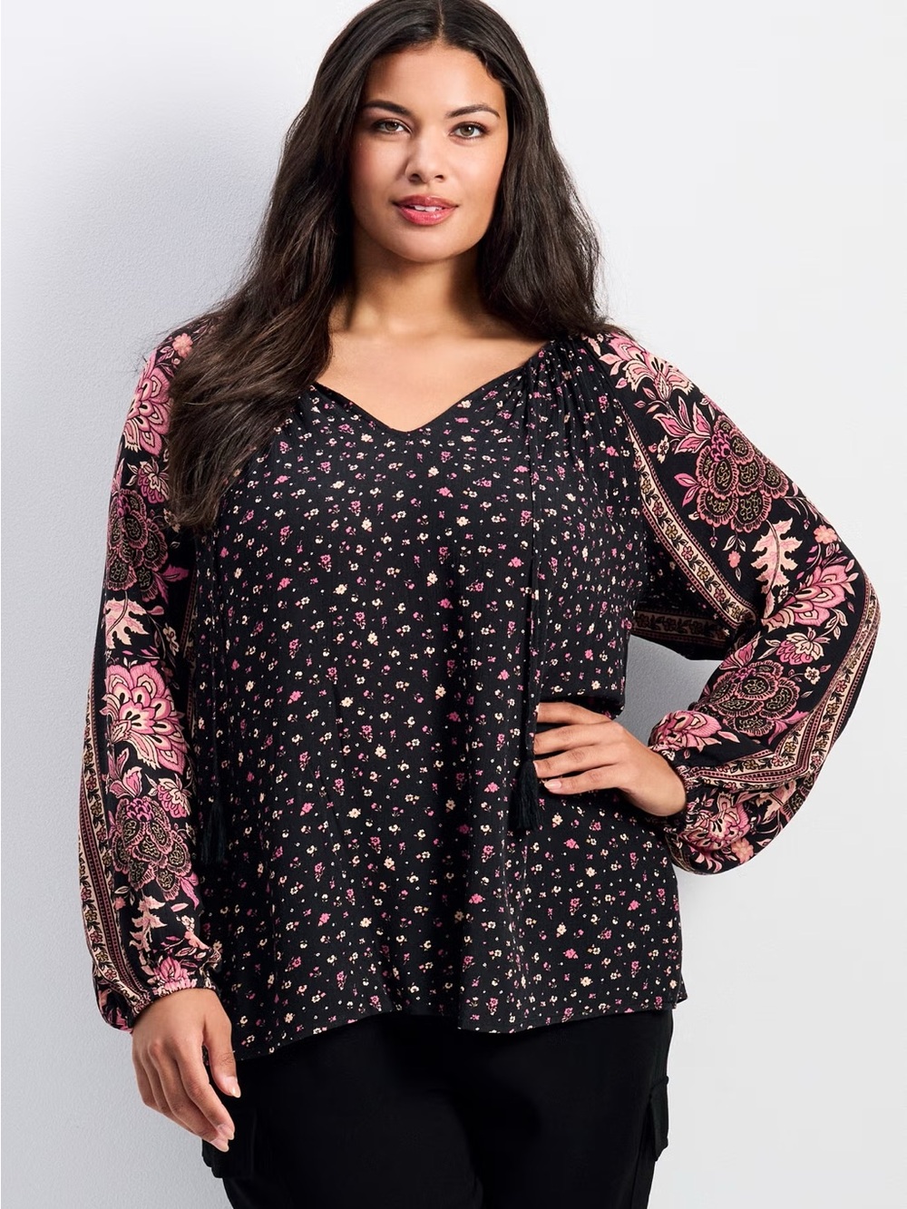 Avenue Plus Size Black Tunic with Pink Floral Balloon Sleeves